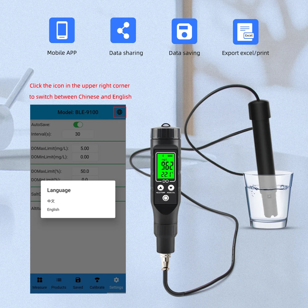 Yieryi Compteur d'oxygène dissous professionnel BLE-9100 analyseur d'oxygène dissous intelligent testeur de concentration d'oxygène