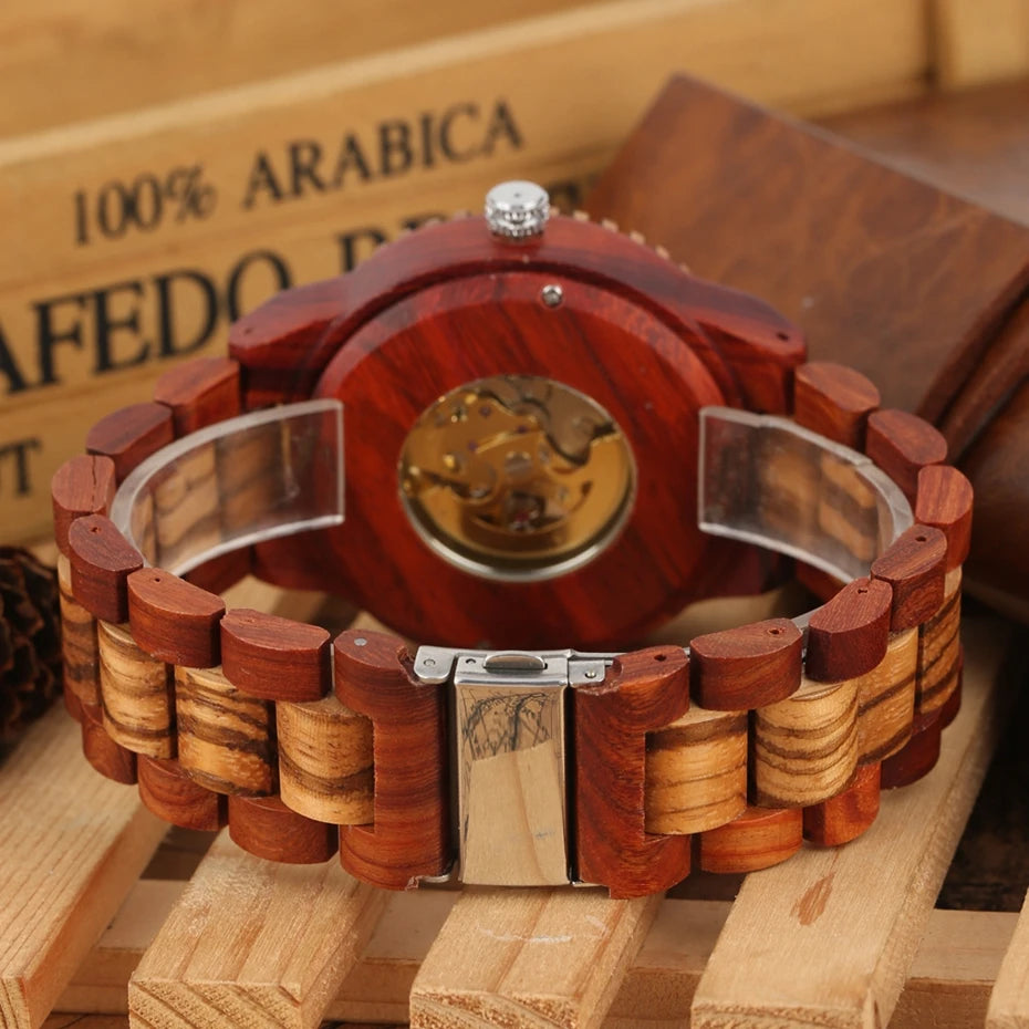 Luxury men's watches, automatic round watch, fashionable wooden clock, adjustable wooden strap, mechanical wristwatch