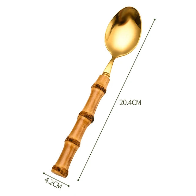 Couverts en bambou et acier inoxydable, service de table, en bois doré, pour la cuisine occidentale, couteau, fourchette, cuillère à café