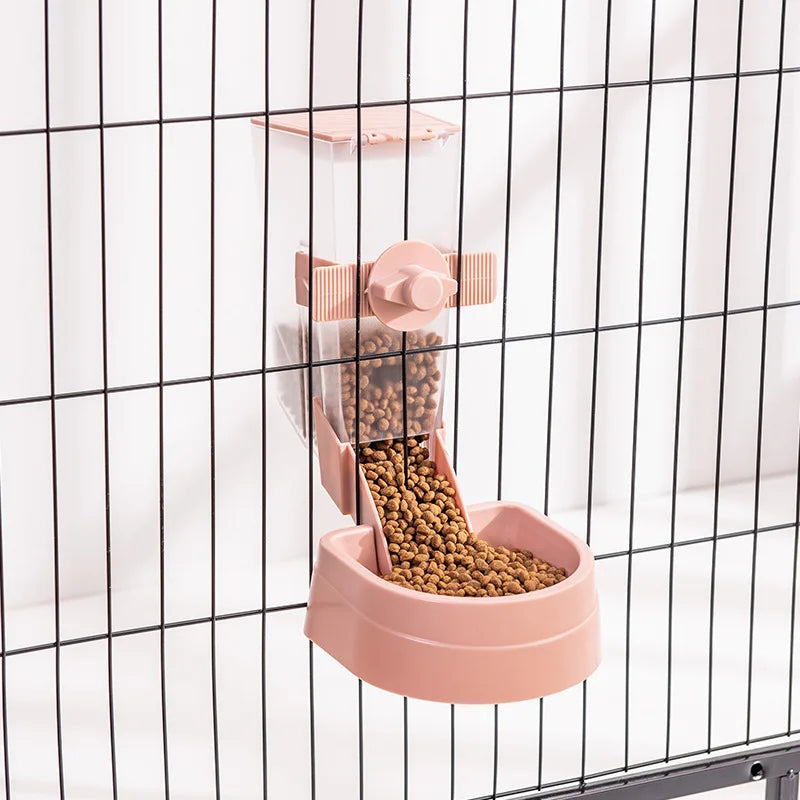 Automatic pet feeder, hanging cage, bowl, water bottle, food container, dispenser for puppies, cats, rabbits, birds, pet food product
