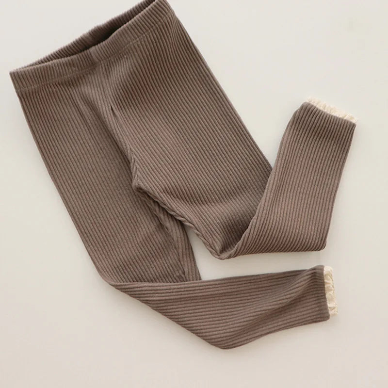 Leggings pour nouveau-né fille, vêtements pour nourrissons, en coton côtelé, solides, en dentelle, bouche de pied, pantalons slim, vêtements pour bébé