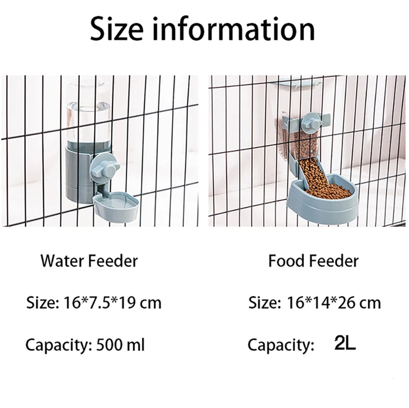 Automatic pet feeder, hanging cage, bowl, water bottle, food container, dispenser for puppies, cats, rabbits, birds, pet food product