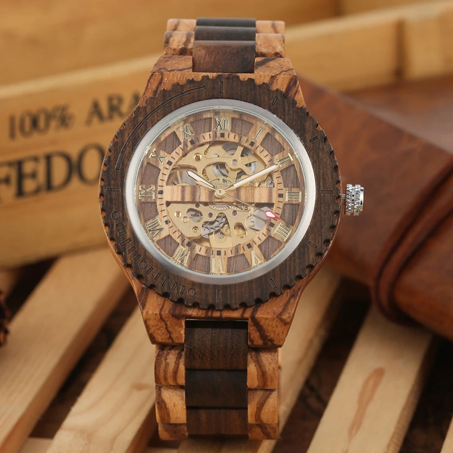 Luxury men's watches, automatic round watch, fashionable wooden clock, adjustable wooden strap, mechanical wristwatch