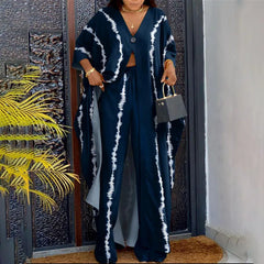 BYJ261 Latest Design Outfits for Women Three Quarter Sleeve V-neck Button Print Top & Loose Pants Sets for Women Two Piece Set