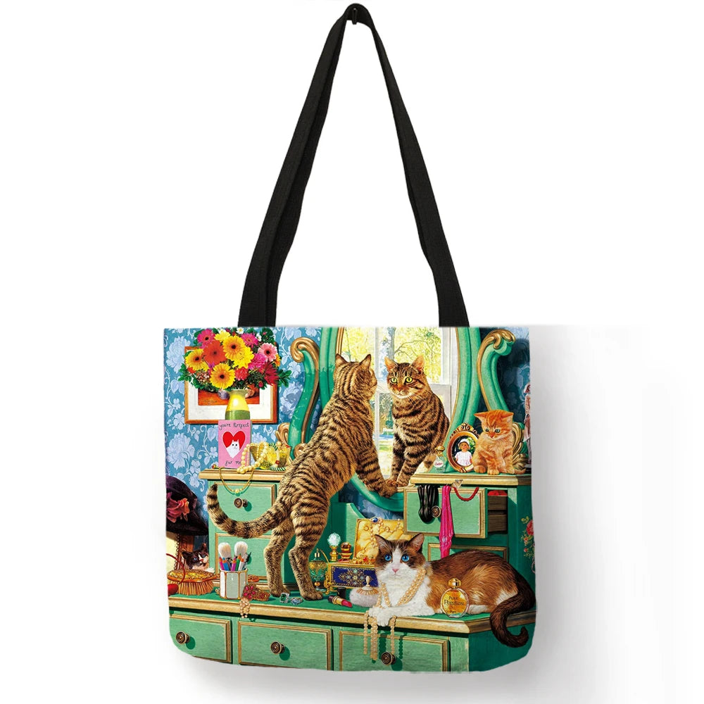Sac à main en lin réutilisable pour femme, fourre-tout à bandoulière avec imprimé chat, 2019