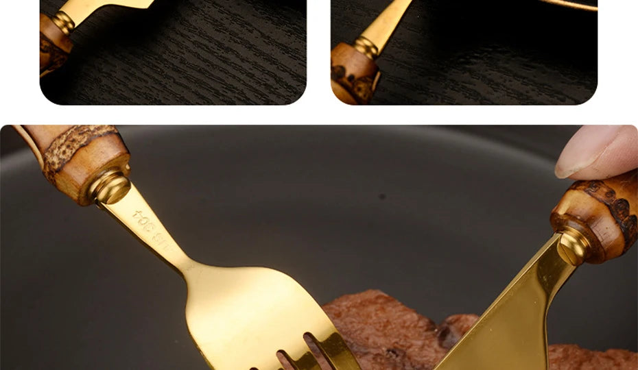 Couverts en bambou et acier inoxydable, service de table, en bois doré, pour la cuisine occidentale, couteau, fourchette, cuillère à café
