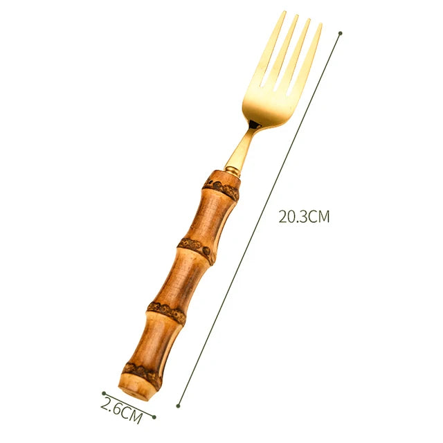 Couverts en bambou et acier inoxydable, service de table, en bois doré, pour la cuisine occidentale, couteau, fourchette, cuillère à café