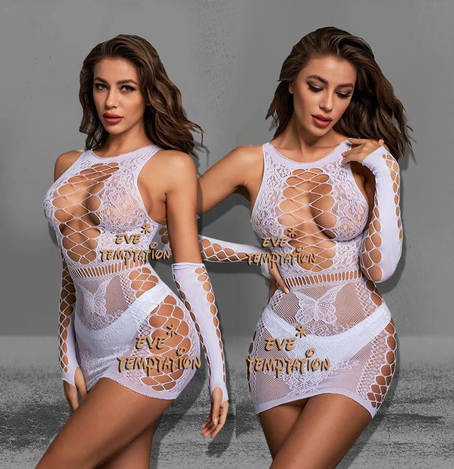 Vêtements de nuit sexy Babydoll body lingerie sexy chaude érotique tentation sans bretelles body à manches longues Catsuit robe + gants