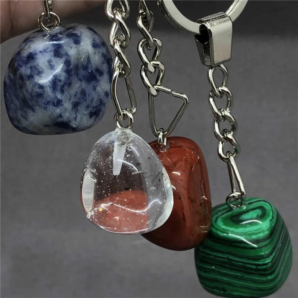 17 Types de pierre naturelle avec accessoires pendentif porte-clés en acier inoxydable