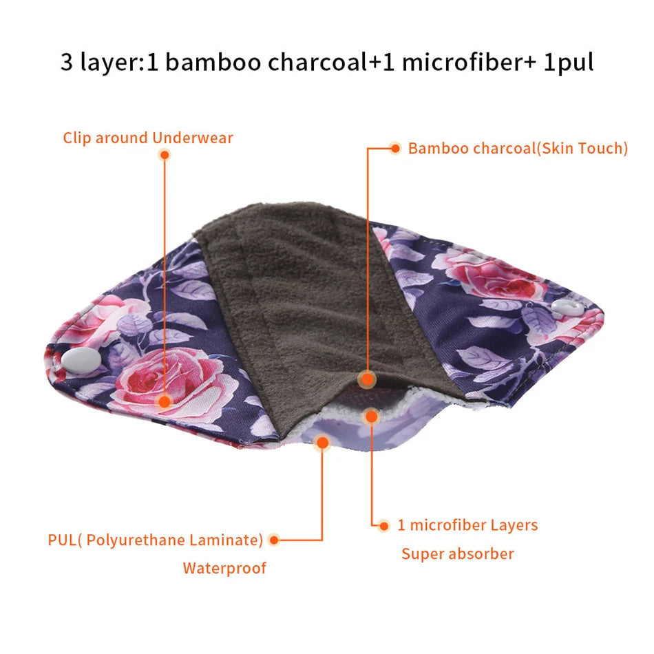 Serviettes hygiéniques réutilisables au charbon de bambou, 10 pièces, doublure de culotte lavable, serviettes menstruelles en coton pour maman et maternité
