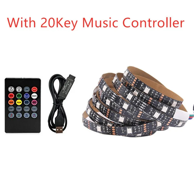 5V RGB USB LED Strip Light, Waterproof, Black PCB 5050, 0.5m, 1m, 2m, 3m, 4m, 5m, LED Strip Light, PC, TV Backlight, Remote Control