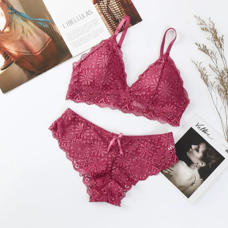 Femmes dentelle florale soutien-gorge culotte ensemble push-up Bralette taille basse slips Sexy ensemble de Lingerie sans fil brassière femme sous-vêtements en dentelle