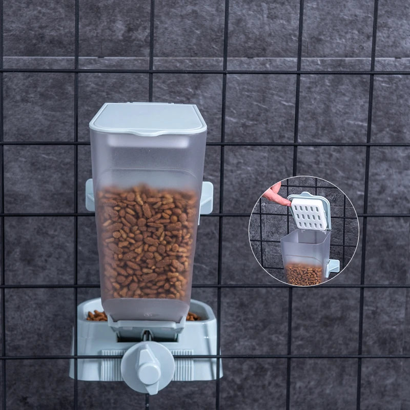 Automatic pet feeder, hanging cage, bowl, water bottle, food container, dispenser for puppies, cats, rabbits, birds, pet food product