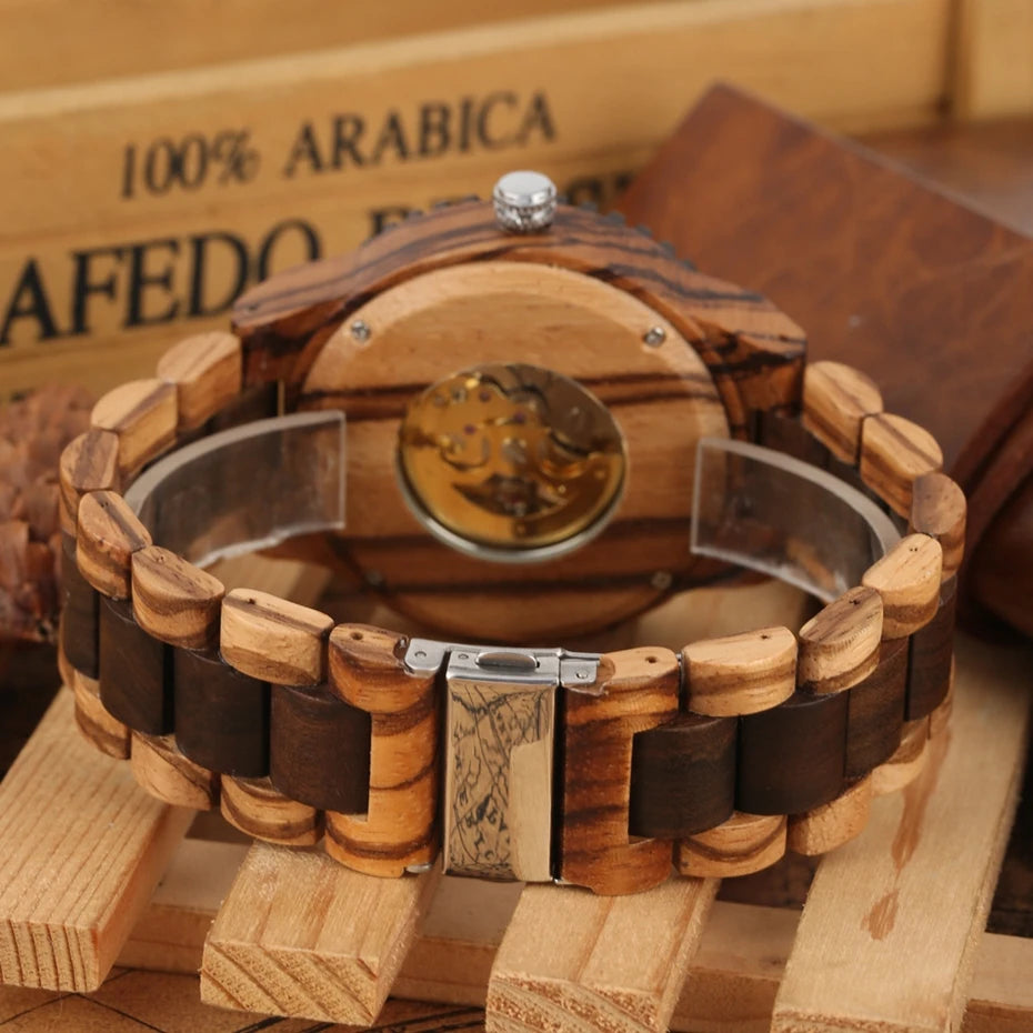 Luxury men's watches, automatic round watch, fashionable wooden clock, adjustable wooden strap, mechanical wristwatch