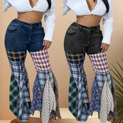 LD83176 Women's Pants &amp; Trousers Plaid Jeans Denim Pants Ladies Jeans Flare Ripped Women Jeans Trousers With Ruffles