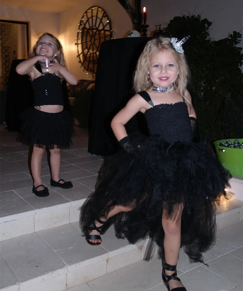 Girls Pink Black Tutu Dress V-Neck Train Girl Evening Birthday Party Tulle Dresses Girl Ball Gown Kids Halloween Costumes
