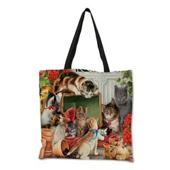 Sac à main en lin réutilisable pour femme, fourre-tout à bandoulière avec imprimé chat, 2019