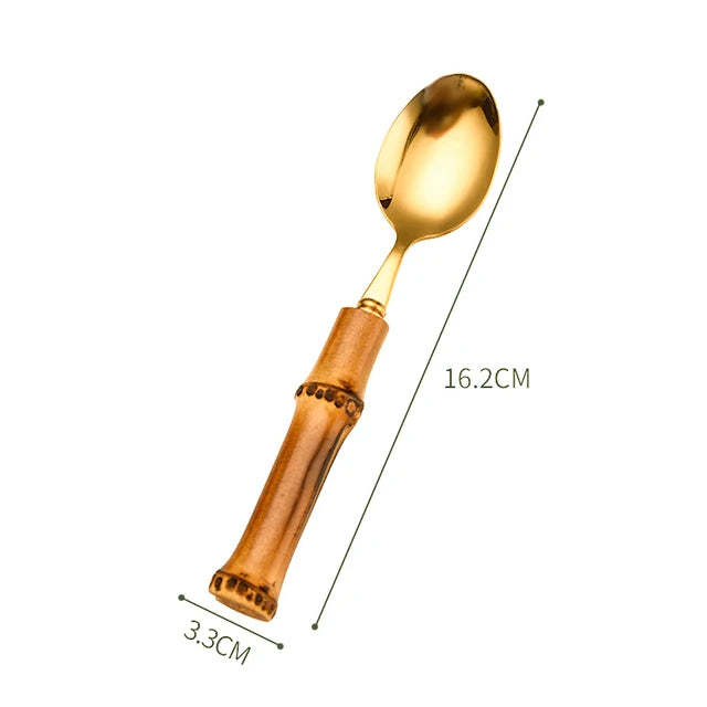 Couverts en bambou et acier inoxydable, service de table, en bois doré, pour la cuisine occidentale, couteau, fourchette, cuillère à café