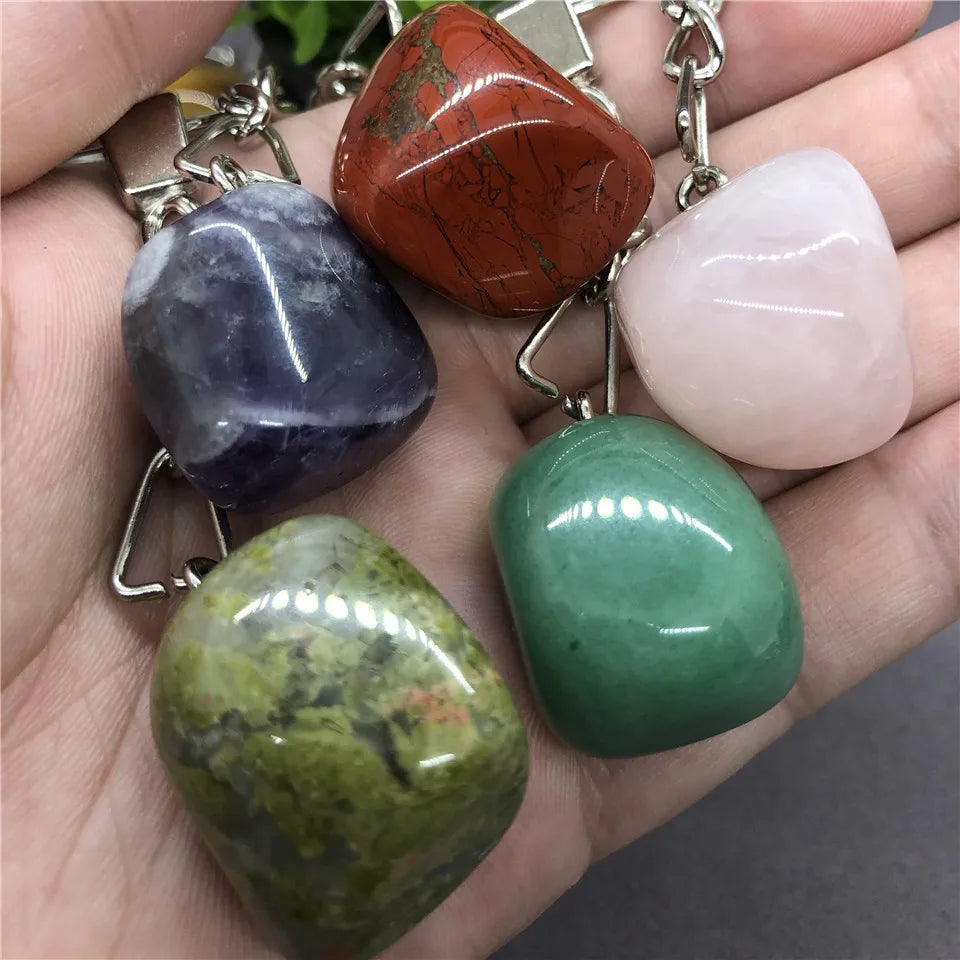 17 Types de pierre naturelle avec accessoires pendentif porte-clés en acier inoxydable