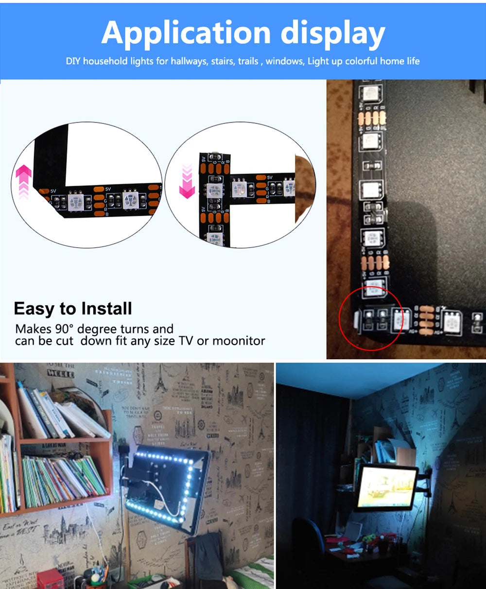 5V RGB USB LED Strip Light, Waterproof, Black PCB 5050, 0.5m, 1m, 2m, 3m, 4m, 5m, LED Strip Light, PC, TV Backlight, Remote Control