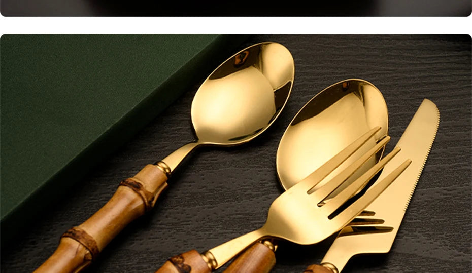 Couverts en bambou et acier inoxydable, service de table, en bois doré, pour la cuisine occidentale, couteau, fourchette, cuillère à café