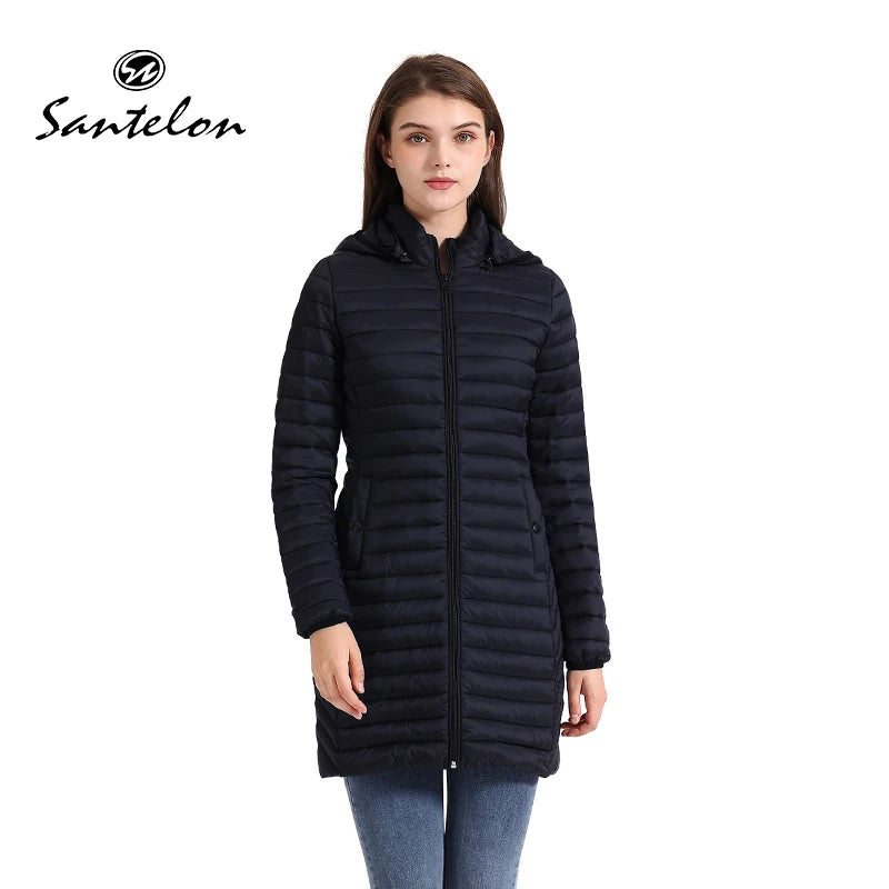 SANTELON hiver femmes ample Long Parka manteau avec capuche amovible femme solide ultraléger Portable chaud rembourré coton vêtements d'extérieur