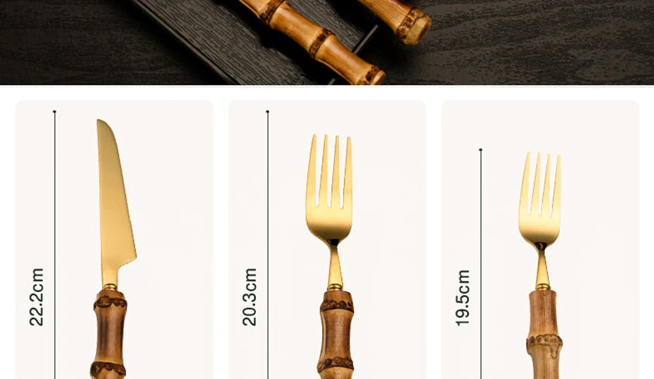 Couverts en bambou et acier inoxydable, service de table, en bois doré, pour la cuisine occidentale, couteau, fourchette, cuillère à café