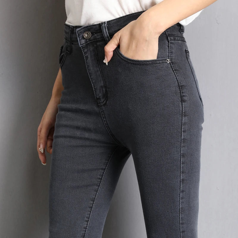 Jean pour femme maman jean bleu gris noir femme haute élastique 36 38 40 jean extensible femme denim lavé pantalon crayon maigre