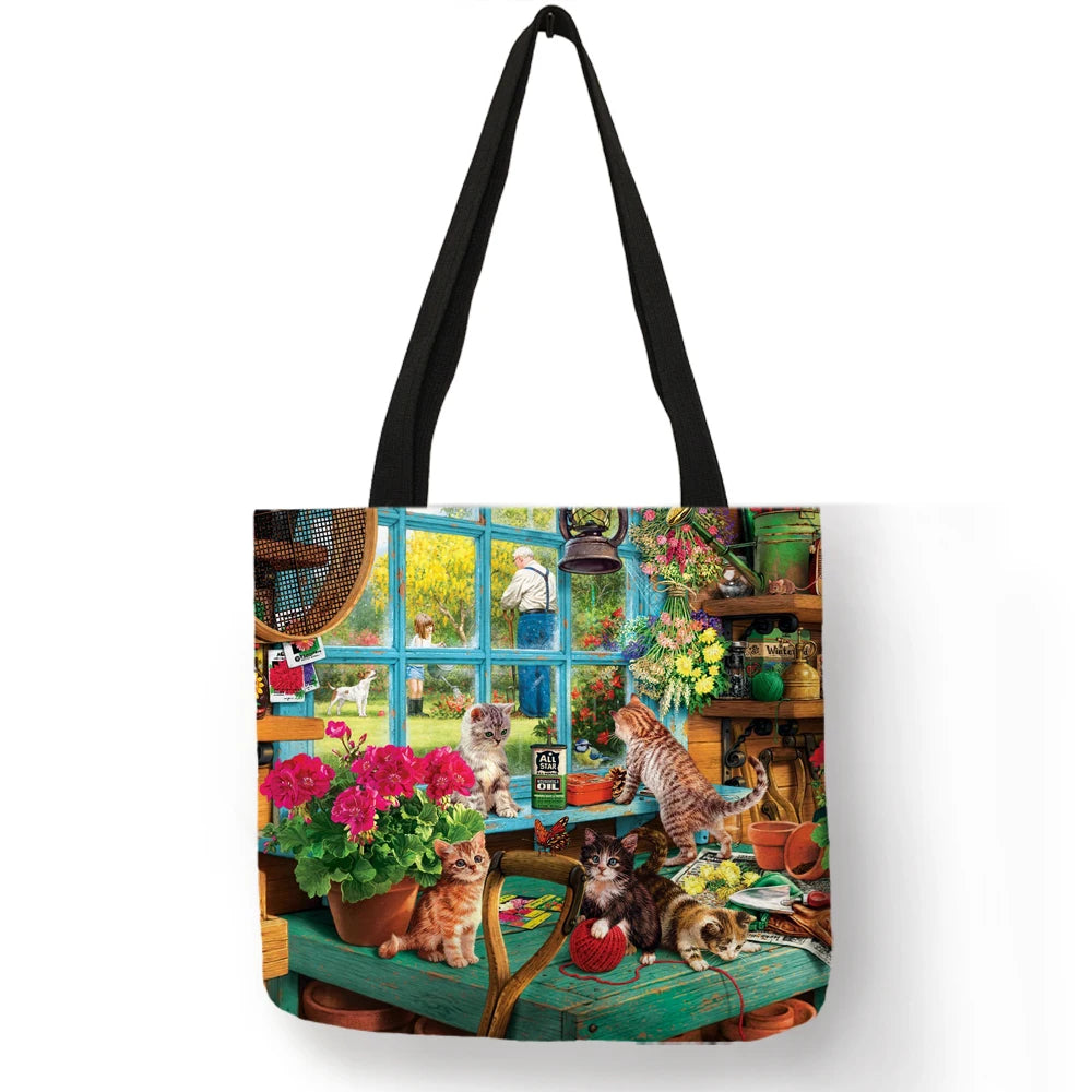 Sac à main en lin réutilisable pour femme, fourre-tout à bandoulière avec imprimé chat, 2019