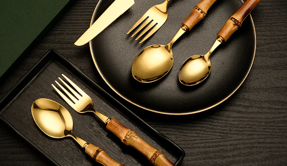 Couverts en bambou et acier inoxydable, service de table, en bois doré, pour la cuisine occidentale, couteau, fourchette, cuillère à café