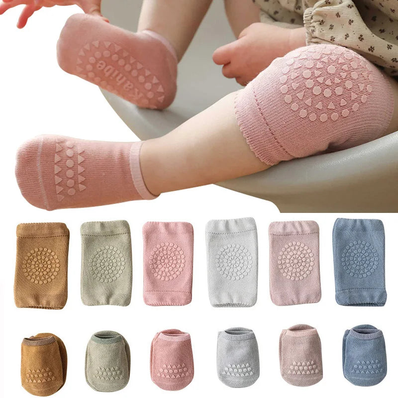 Ensemble de chaussettes et genouillères pour bébé, pour filles et garçons, couleur unie, antidérapantes, sécurité pour enfants rampantes, protection des jambes et des genoux