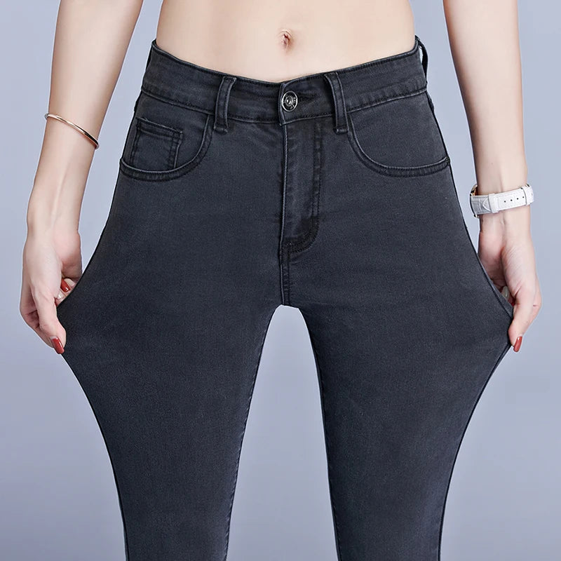 Jean pour femme maman jean bleu gris noir femme haute élastique 36 38 40 jean extensible femme denim lavé pantalon crayon maigre