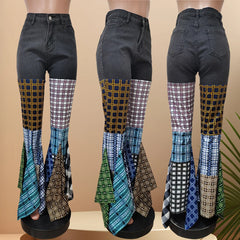LD83176 Women's Pants &amp; Trousers Plaid Jeans Denim Pants Ladies Jeans Flare Ripped Women Jeans Trousers With Ruffles