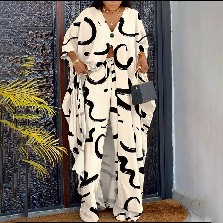 BYJ261 Latest Design Outfits for Women Three Quarter Sleeve V-neck Button Print Top & Loose Pants Sets for Women Two Piece Set