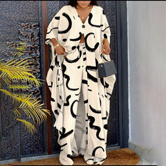 BYJ261 Latest Design Outfits for Women Three Quarter Sleeve V-neck Button Print Top & Loose Pants Sets for Women Two Piece Set