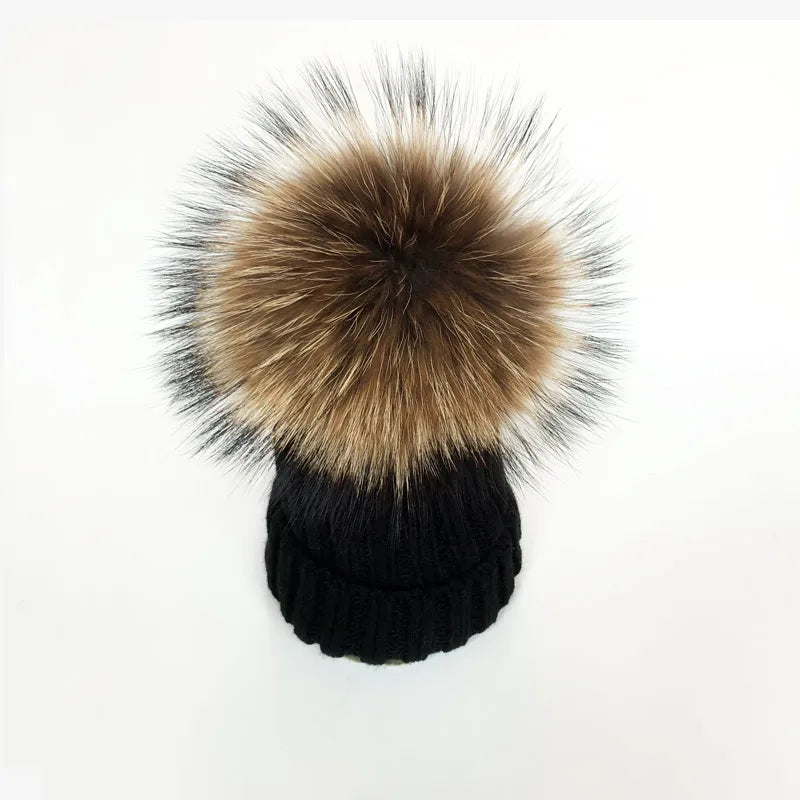 Parent-enfant chapeaux d'hiver mignon bébé fourrure Pompon chapeau écharpe ensembles réel naturel fourrure boule casquettes mère enfants chaud tricoté chapeaux hiver Bea
