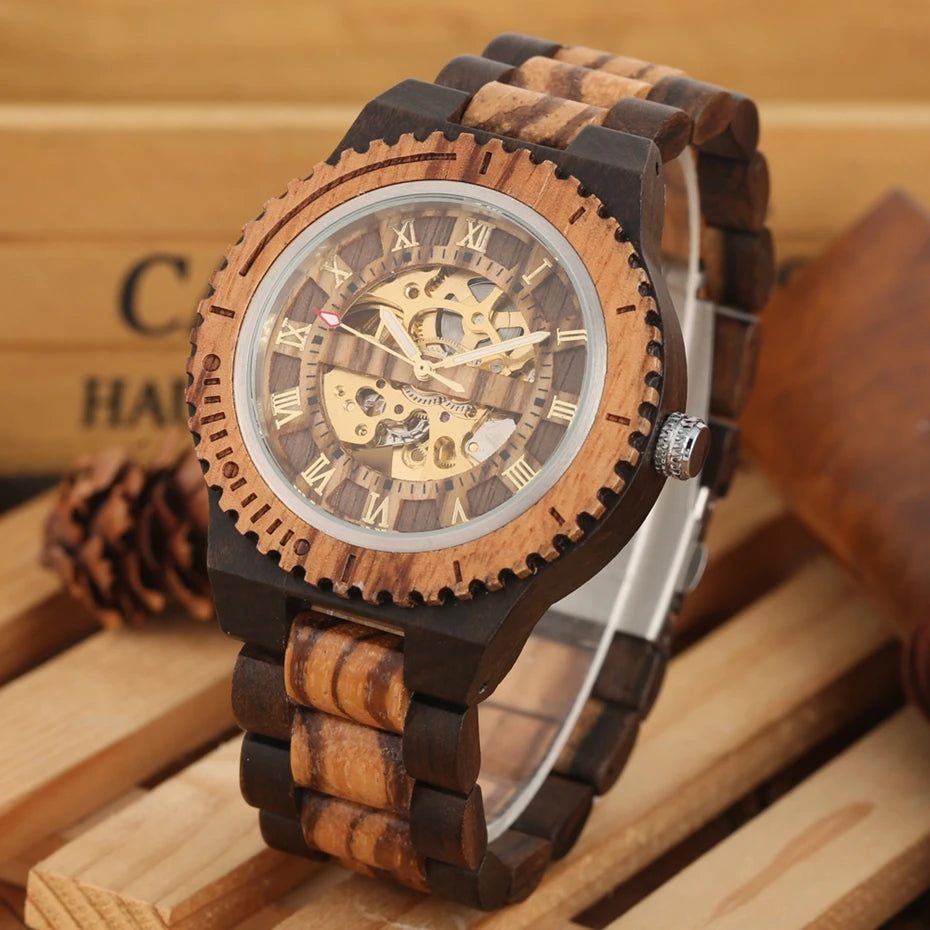 Luxury men's watches, automatic round watch, fashionable wooden clock, adjustable wooden strap, mechanical wristwatch