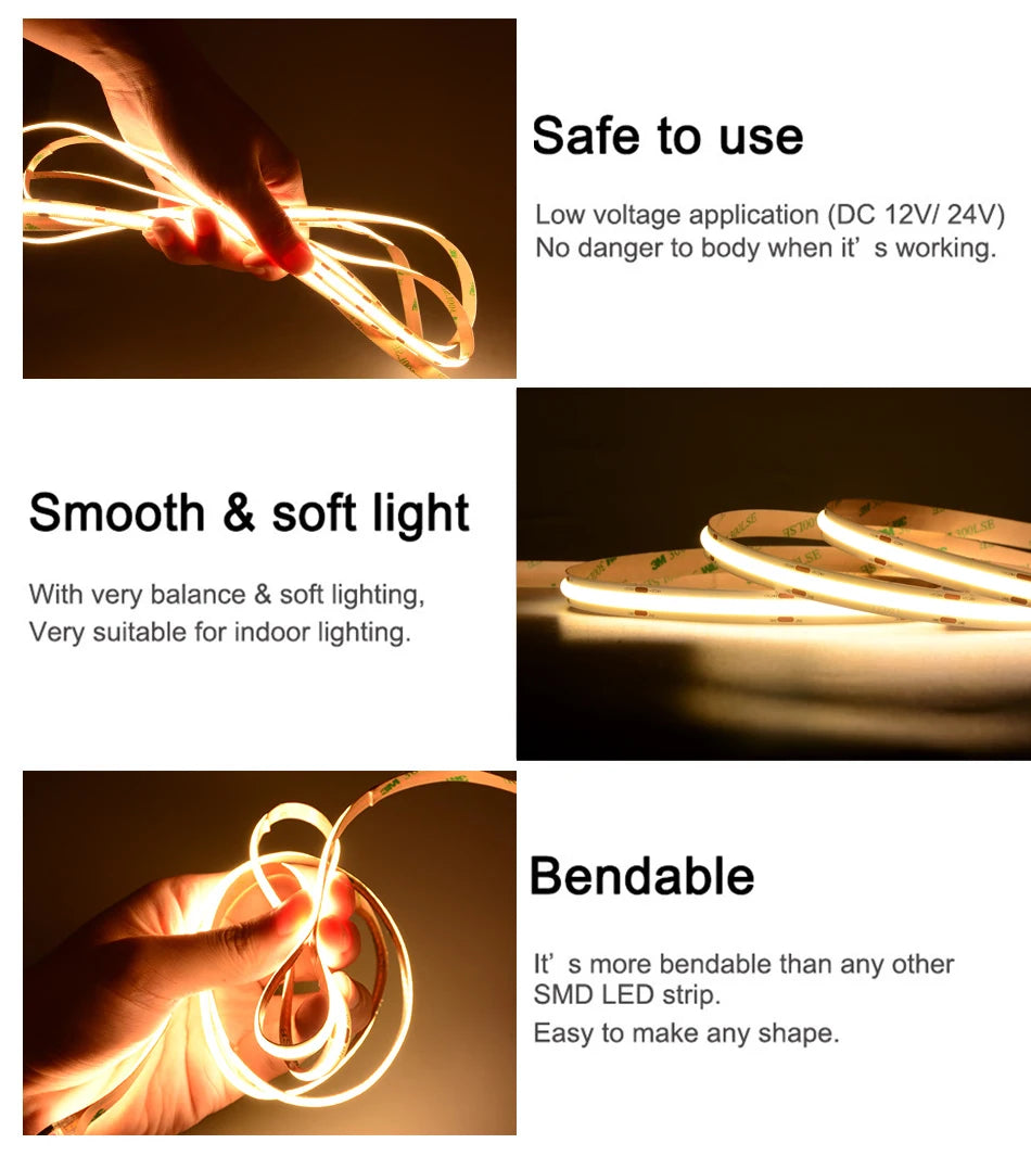 UL 320 Listed COB LED Strip Light, 480 LEDs/m, 16.4 feet of high-density flexible tape, 3000-6500K, RA90, Dimmable LED Lights, DC12V 24V