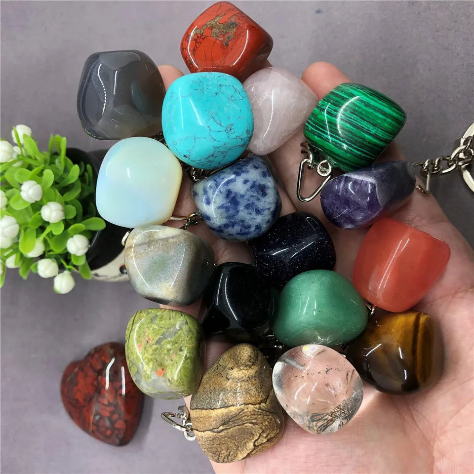 17 Types de pierre naturelle avec accessoires pendentif porte-clés en acier inoxydable