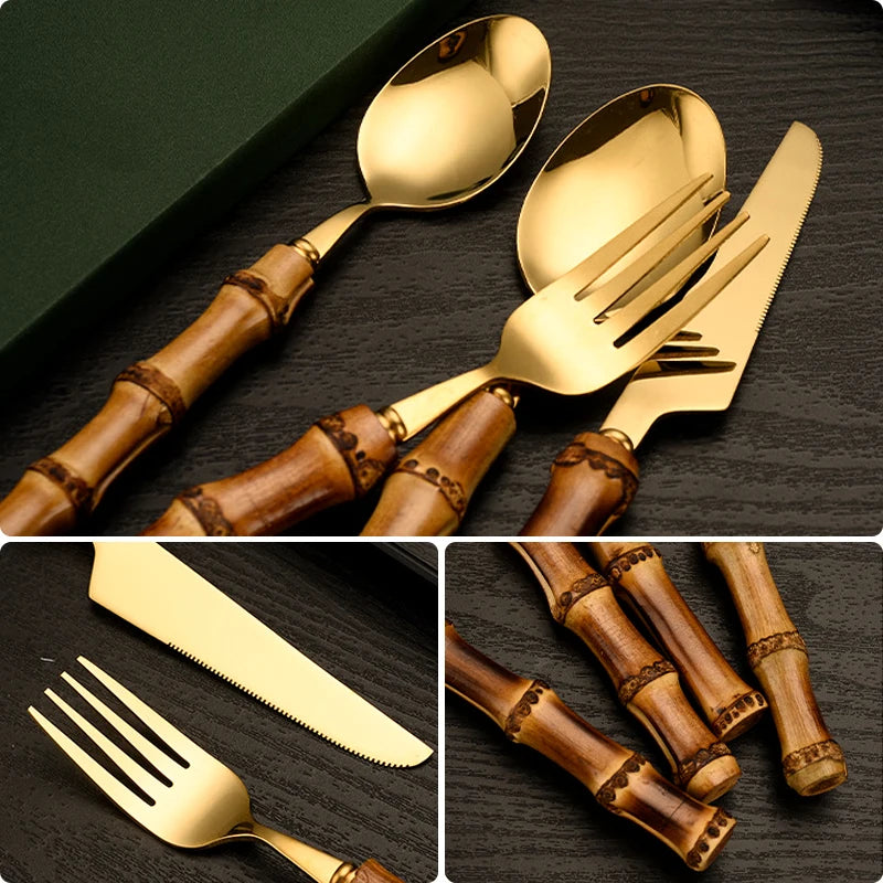 Couverts en bambou et acier inoxydable, service de table, en bois doré, pour la cuisine occidentale, couteau, fourchette, cuillère à café