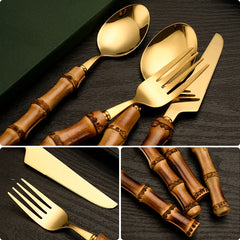 Couverts en bambou et acier inoxydable, service de table, en bois doré, pour la cuisine occidentale, couteau, fourchette, cuillère à café