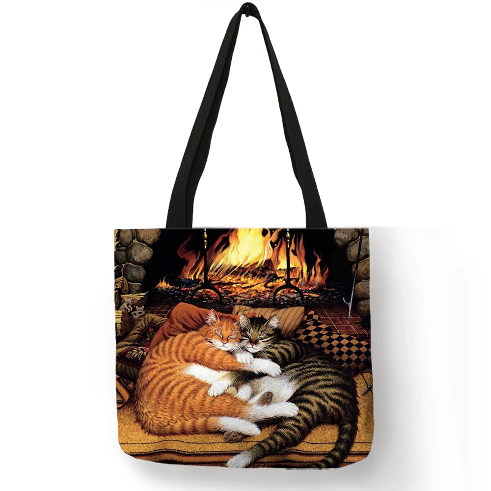 Sac à main en lin réutilisable pour femme, fourre-tout à bandoulière avec imprimé chat, 2019