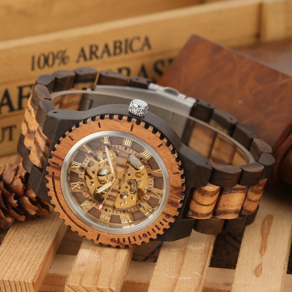 Luxury men's watches, automatic round watch, fashionable wooden clock, adjustable wooden strap, mechanical wristwatch