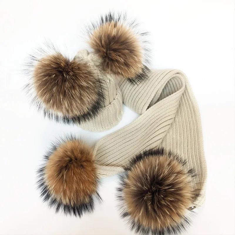 Parent-enfant chapeaux d'hiver mignon bébé fourrure Pompon chapeau écharpe ensembles réel naturel fourrure boule casquettes mère enfants chaud tricoté chapeaux hiver Bea