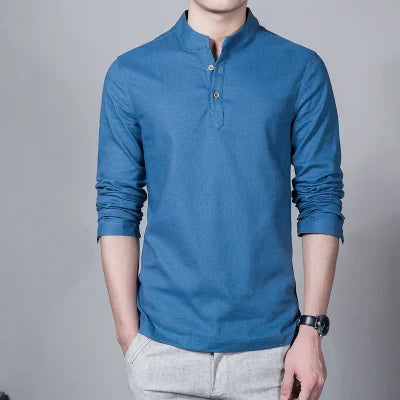 Men's long-sleeved linen T-shirt, stand-up collar, slim-fit basic shirt, Y-neck T-shirts and T-shirts, men's fashion, spring clothing