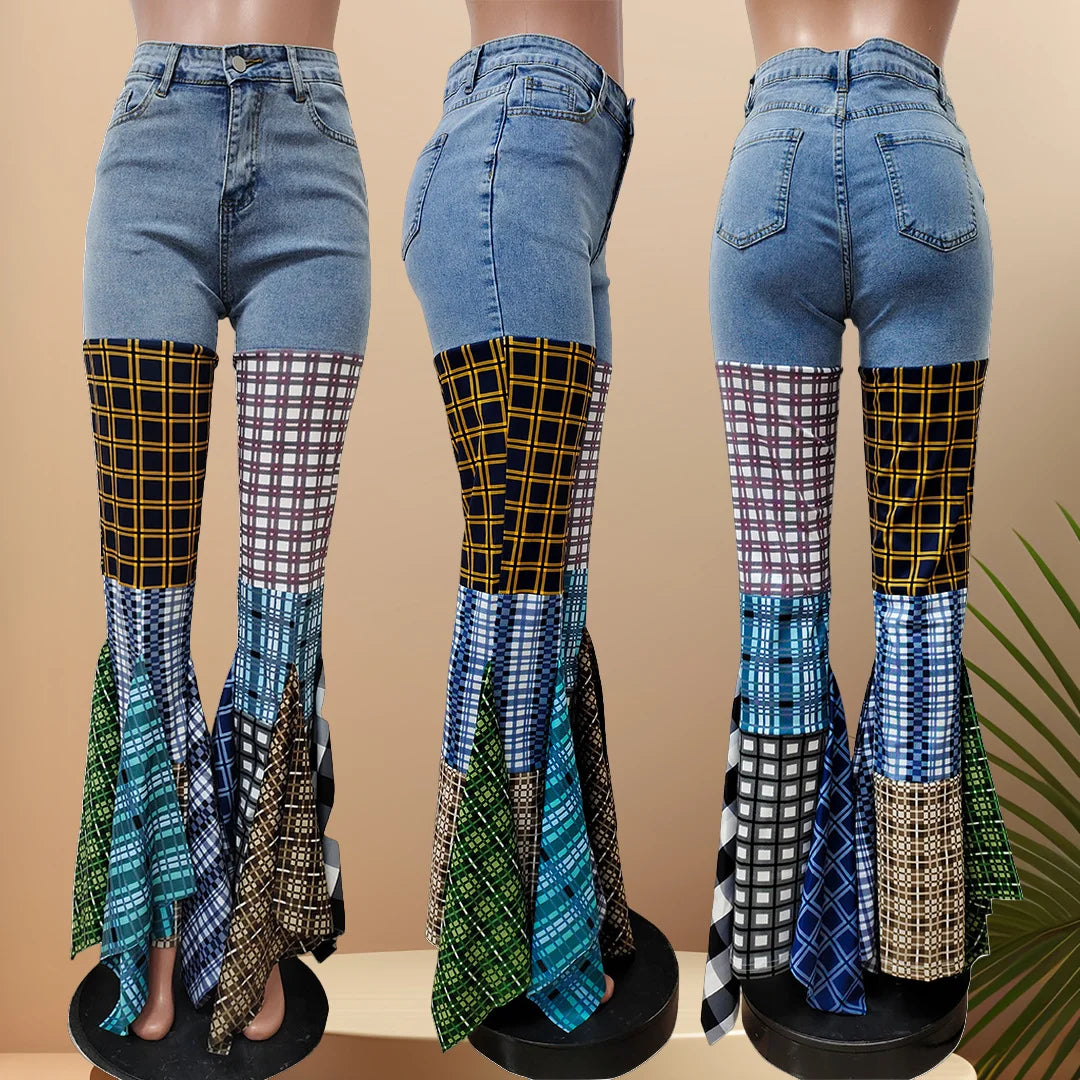 LD83176 Women's Pants &amp; Trousers Plaid Jeans Denim Pants Ladies Jeans Flare Ripped Women Jeans Trousers With Ruffles
