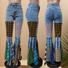 LD83176 Women's Pants &amp; Trousers Plaid Jeans Denim Pants Ladies Jeans Flare Ripped Women Jeans Trousers With Ruffles