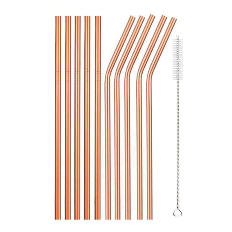 Reusable metal straws, 10 pieces, 304 stainless steel straw set with brush bar, cocktail straws for glasses