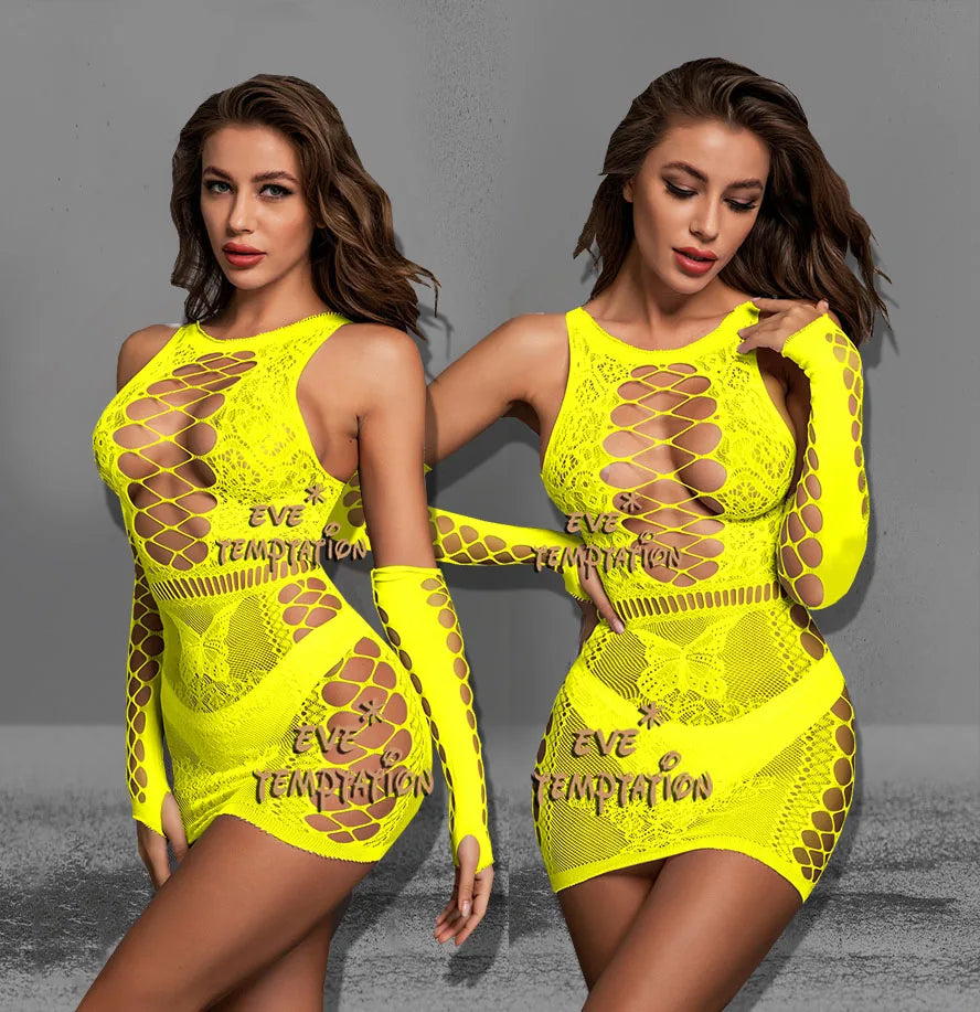 Vêtements de nuit sexy Babydoll body lingerie sexy chaude érotique tentation sans bretelles body à manches longues Catsuit robe + gants