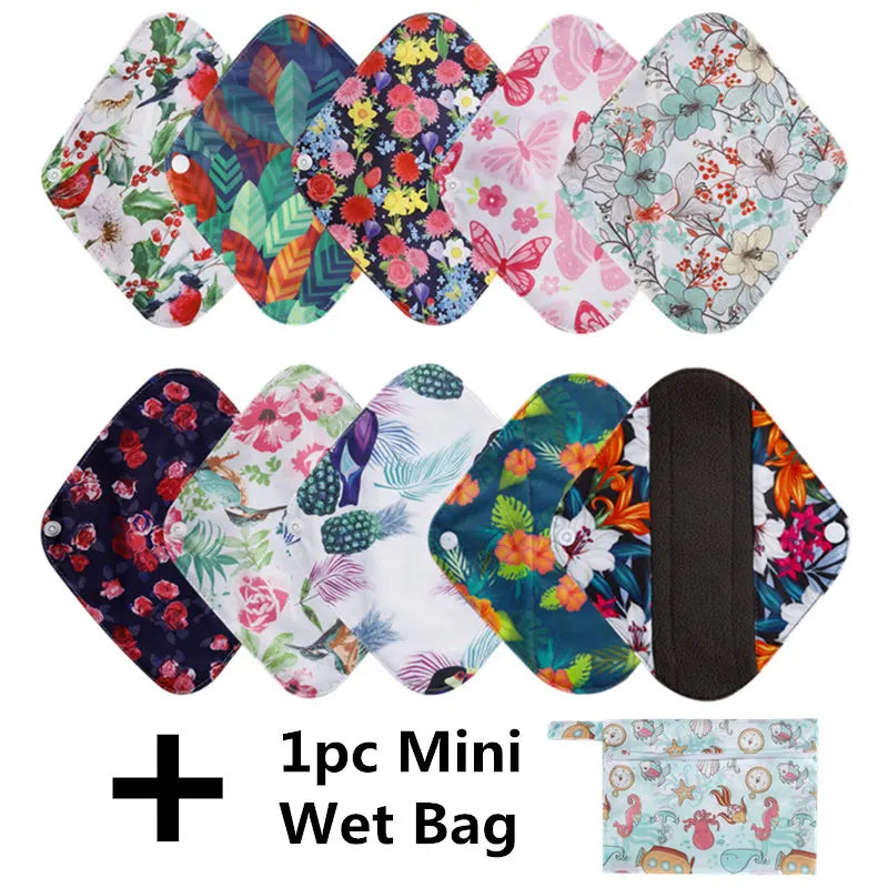 Serviettes hygiéniques réutilisables au charbon de bambou, 10 pièces, doublure de culotte lavable, serviettes menstruelles en coton pour maman et maternité